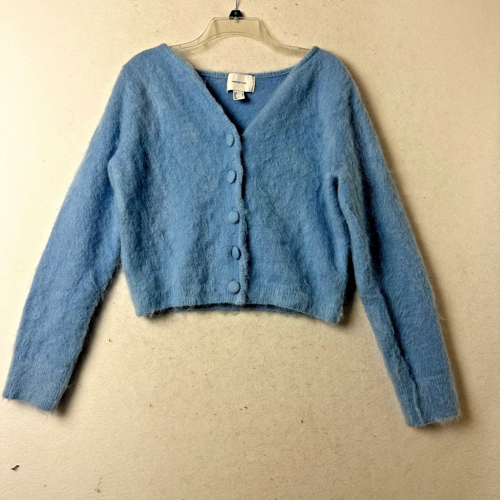 HM Edition Light Blue Mohair Wool Blend Fuzzy Cropped Sweater Womens Medium